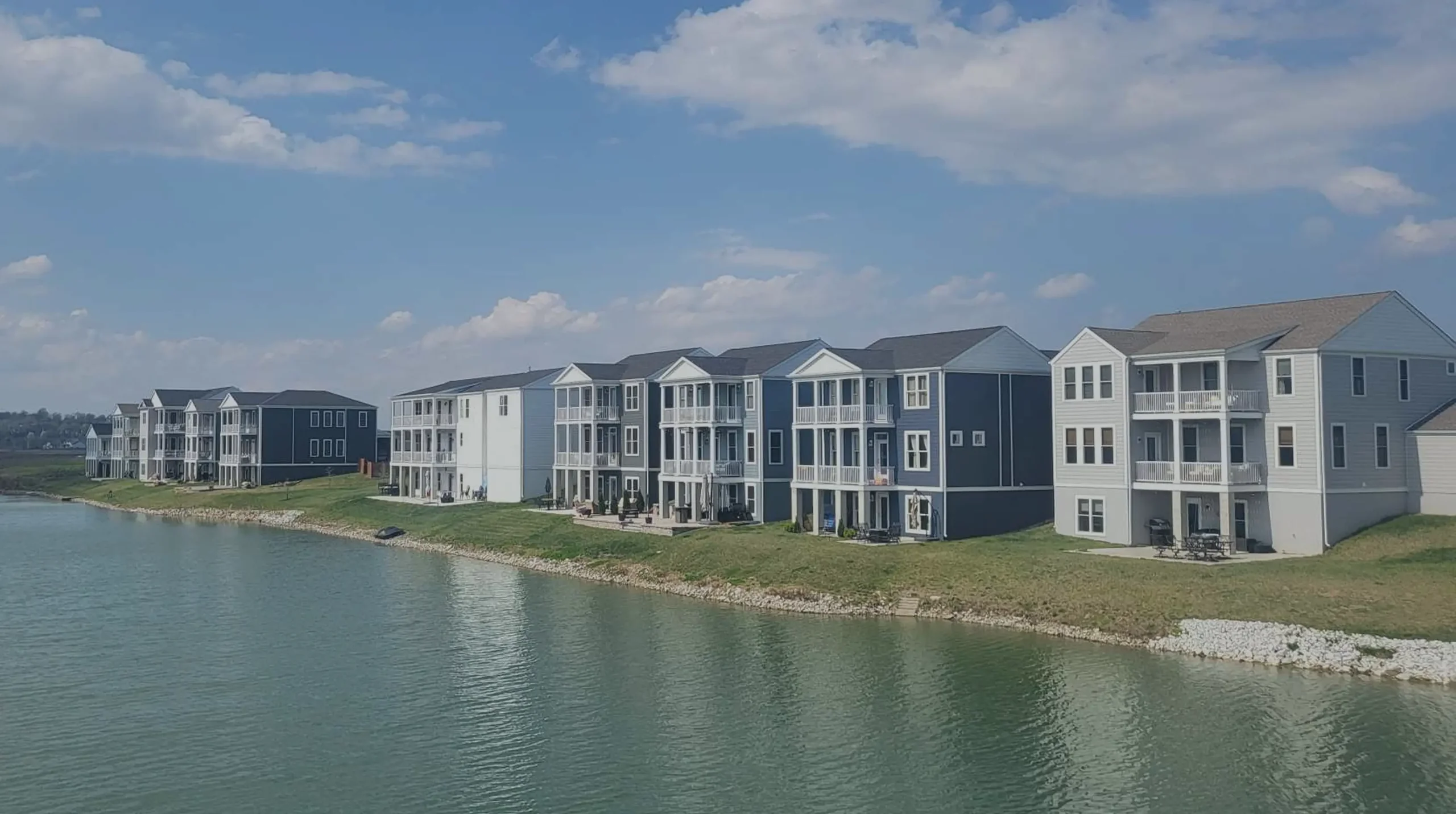 Row of homes along the water in New Town at St. Charles