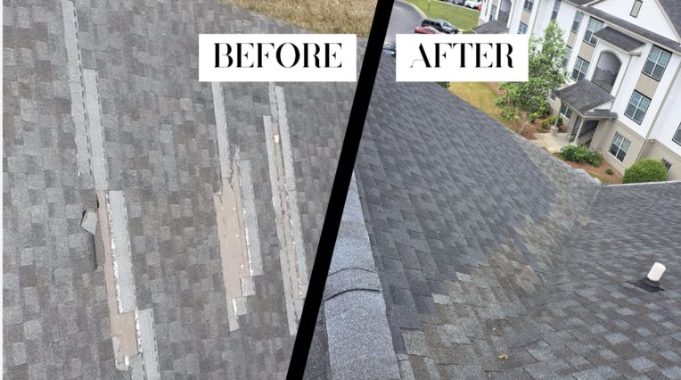 A split image showing a roof renovation process. On the left, a wooden frame with plywood sheets laid out, indicating the 'Before' stage. On the right, a finished roof covered with gray shingles, labeled 'After'.