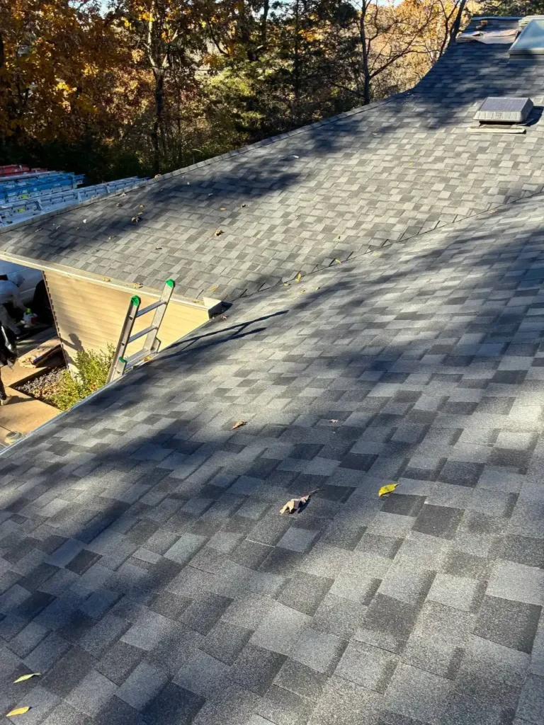 A sloped roof covered in gray shingles, with a ladder leaning against the side. Leaves are scattered on the roof, and trees with autumn foliage can be seen in the background.