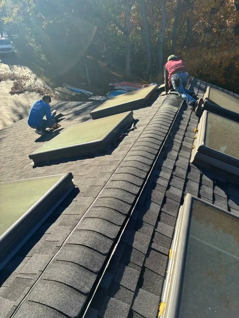Two workers on a roof, one kneeling and the other crawling, surrounded by skylights and a backdrop of trees in a sunny setting.