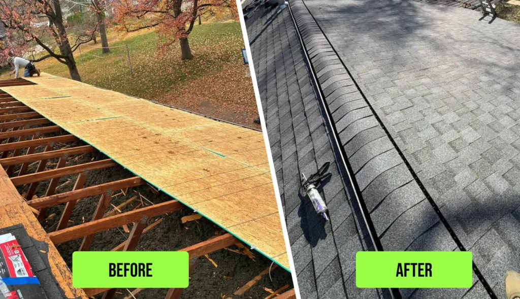 A split image showing a roof renovation process. On the left, a wooden frame with plywood sheets laid out, indicating the 'Before' stage. On the right, a finished roof covered with gray shingles, labeled 'After'.